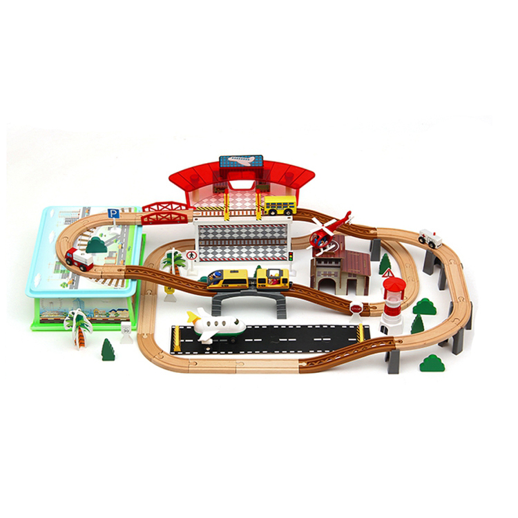 Multi Color Wooden Train Track Toys Set Simulation Air Station Railway Track Puzzle Slot Toy For Children 